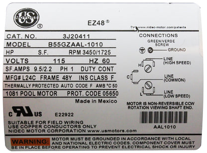Pump, Waterway Power Defender EX2, 1.5SPL, 115V, 2-Spd, 4ft Cord