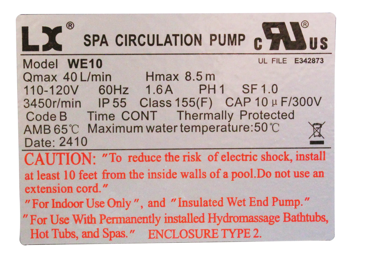 Pump, Circ, LX WE10, 115v, 3450rpm, 1.6A, 3/4"b