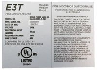 Digital Electric Heater, Raypak E3T 0011, 11kW, Titanium, 1.5"