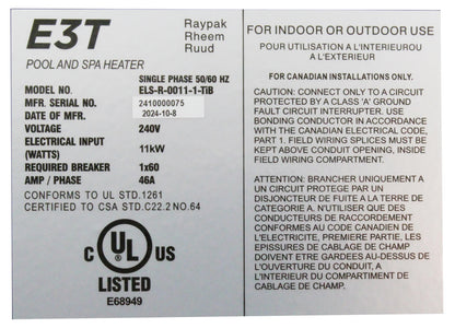 Digital Electric Heater, Raypak E3T 0011, 11kW, Titanium, 1.5"