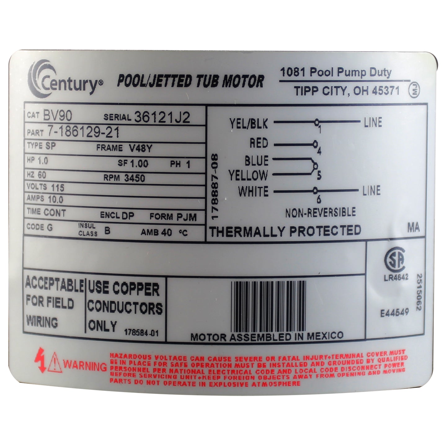 Moteur, Cent, 1 CV, 115 V, 1 vitesse, Sf1,00, V48Yfr