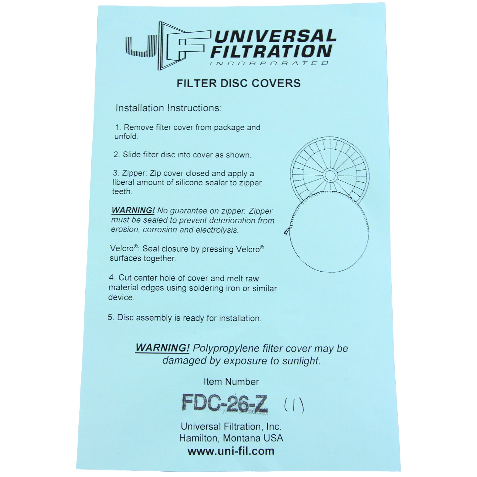 Filter Disc Cover, Universal Filtration, 26" dia, w/ Zipper