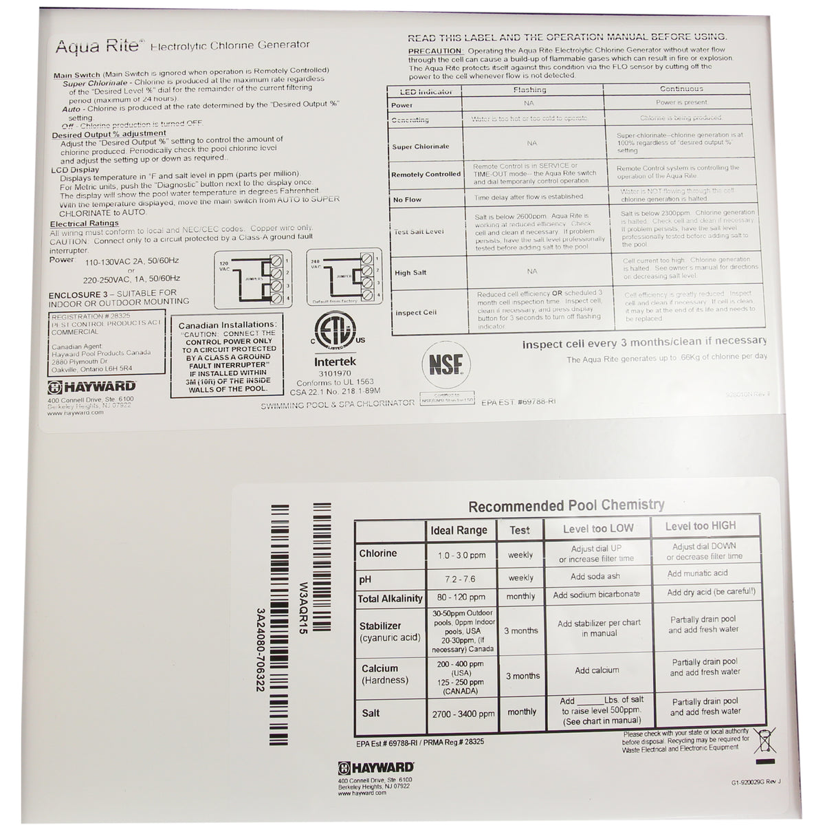 Salt Chlorine Generator, Hayward AquaTrol HP