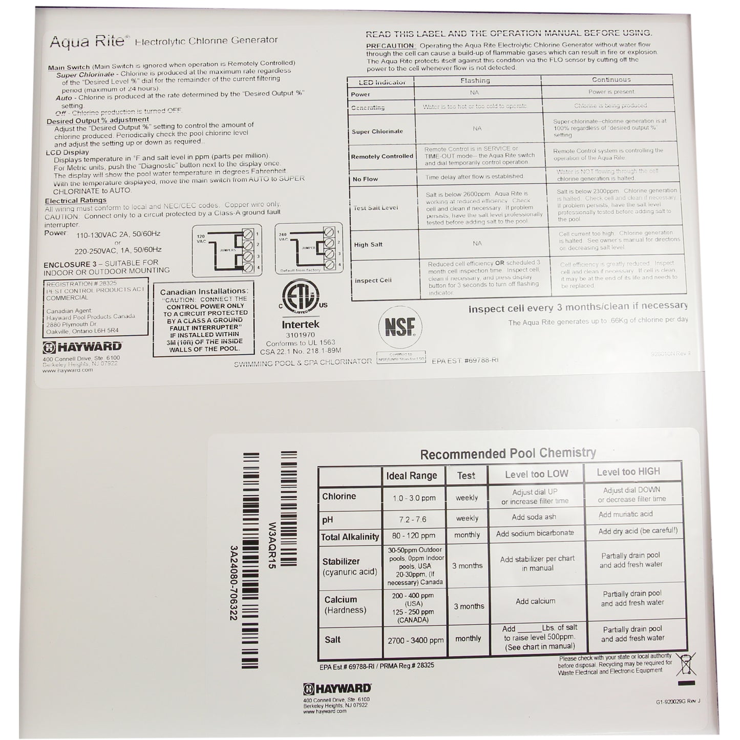 Salt Chlorine Generator, Hayward AquaRite Pro, 40K, w/ TCell