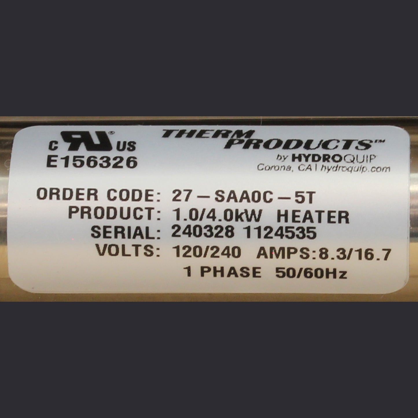 Heater Assembly, LowFlow, HydroQuip Slipstream, 230V, 4.0kW