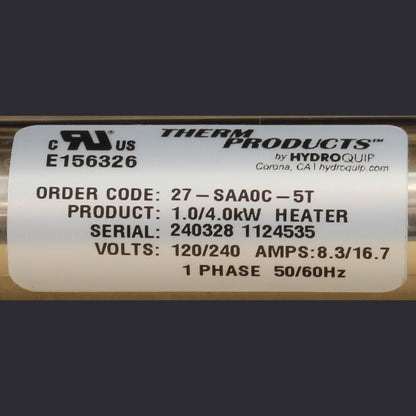 Heater Assembly, LowFlow, HydroQuip Slipstream, 230V, 4.0kW