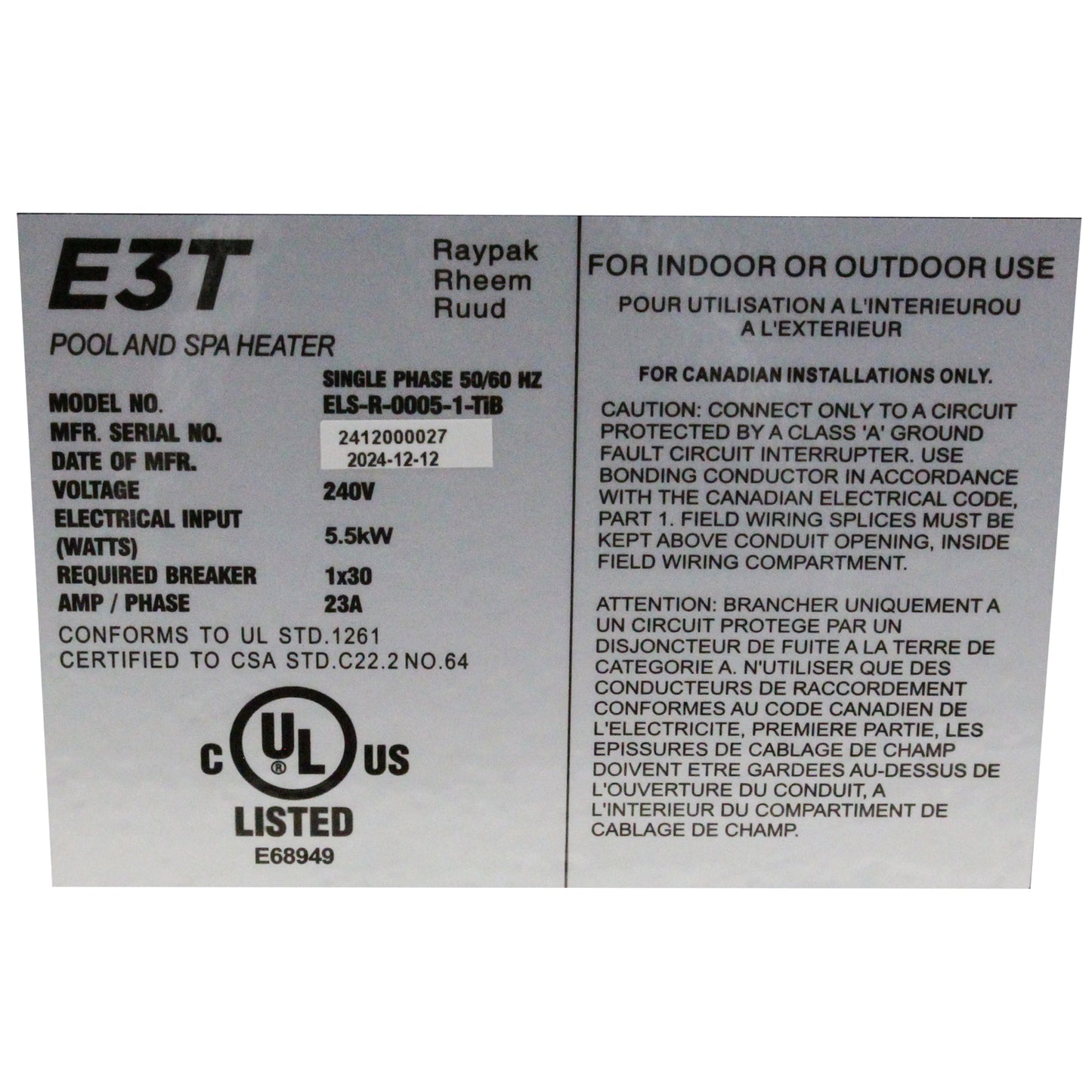 Digital Electric Heater, Raypak E3T, 1.5" mpt, 230v, 5.5kW