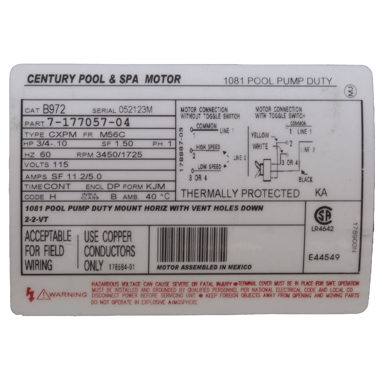 Motor, Century, 0.75hp, 115v, 2-Spd, 56Cfr, C-Face Key