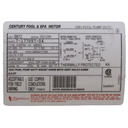 Motor, Century, 0.75hp, 115v, 2-Spd, 56Cfr, C-Face Key