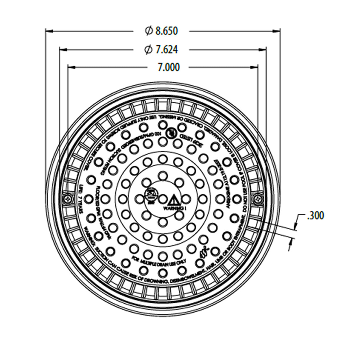 Main Drain Grate, WW Anti Vortex, 8" Rnd, w/Collar, White
