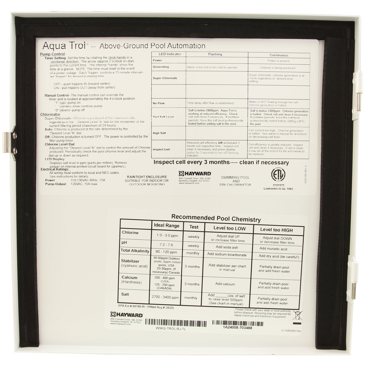 Generador de cloro salino Abg Aquatrol de Hayward W3AQ-TROL-RJ-TL