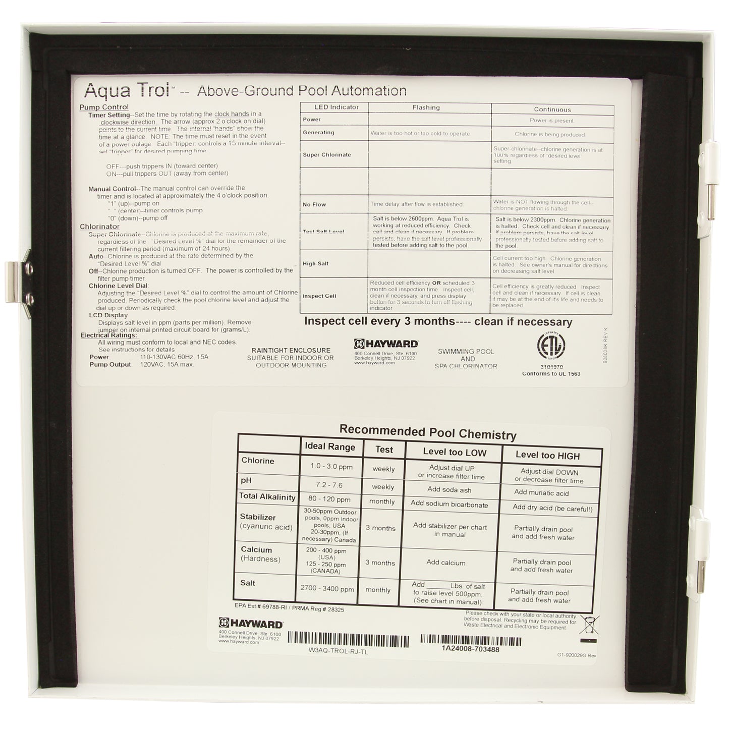 Generador de cloro salino Abg Aquatrol de Hayward W3AQ-TROL-RJ-TL