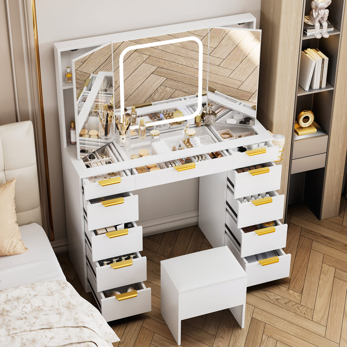 11-Drawer Makeup Vanity Desk with Tri-Fold Mirror
