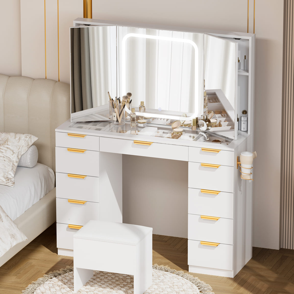 11-Drawer Makeup Vanity Desk with Tri-Fold Mirror