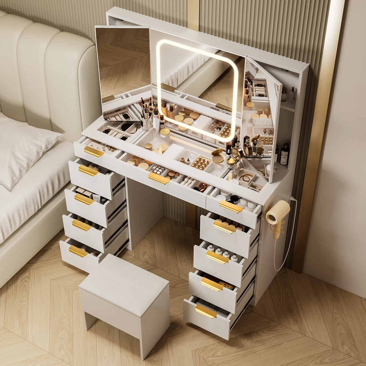 11-Drawer Makeup Vanity Desk with Tri-Fold Mirror