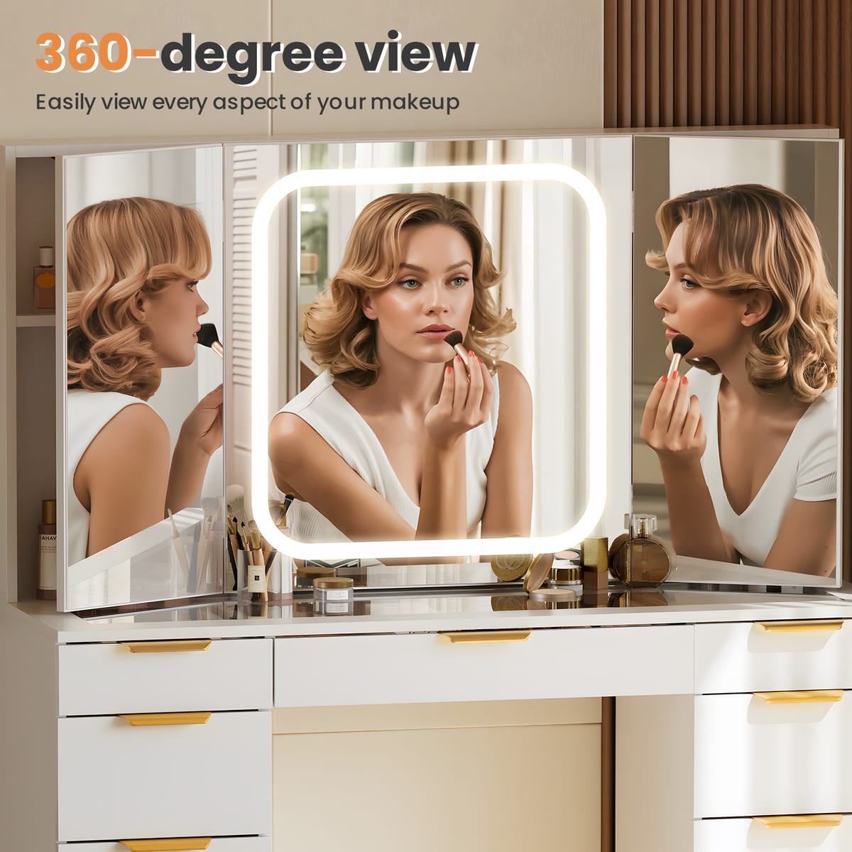 11-Drawer Makeup Vanity Desk with Tri-Fold Mirror