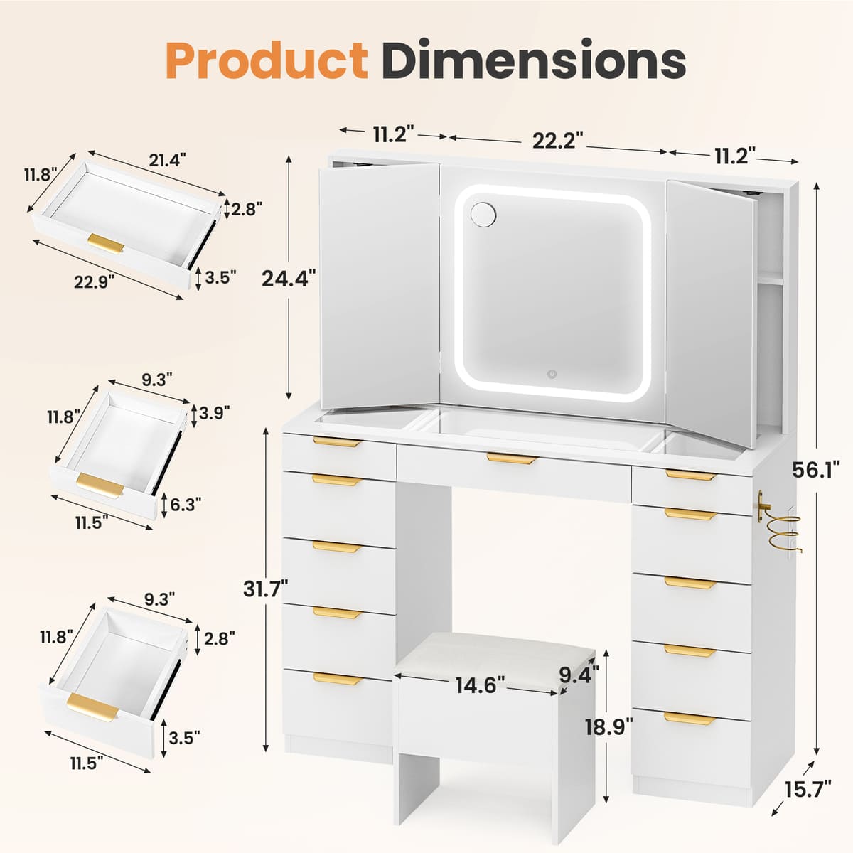 11-Drawer Makeup Vanity Desk with Tri-Fold Mirror