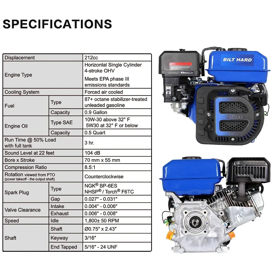 BILT HARD 212cc 7HP Gas Engine – 4-Stroke OHV with 3/4" Horizontal Shaft, Reliable Replacement for Honda, Yamaha, Kohler, Briggs & Stratton
