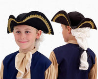 Child Tricorn Colonial Costume Hat with Attached White Wig