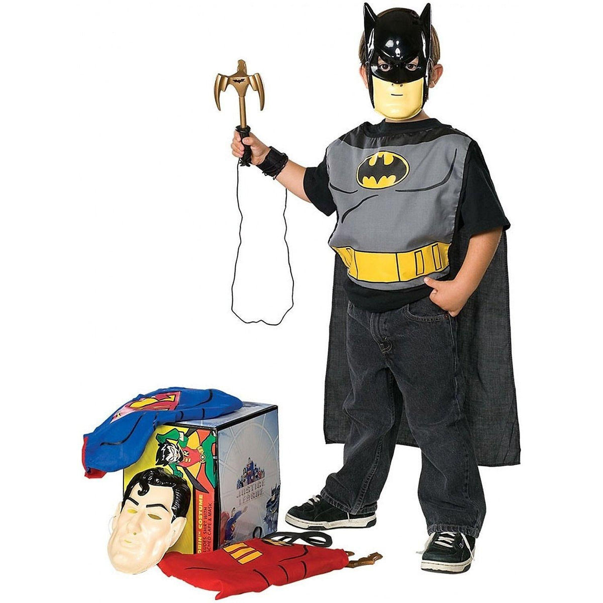 DC Superhero Child Boy Dress up Trunk Superman Batman and Robin Trio Costume Kit