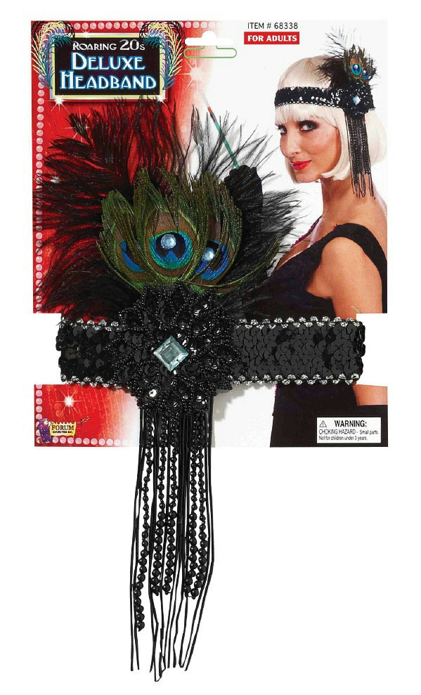 Deluxe Black Flapper Headband with Peacock Feather Costume Accessory