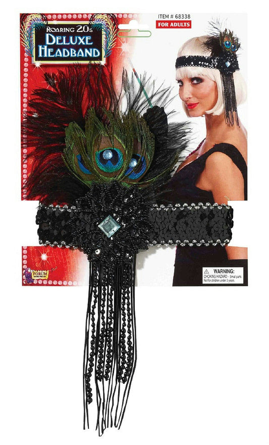 Deluxe Black Flapper Headband with Peacock Feather Costume Accessory