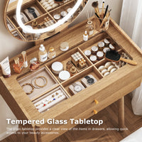 Small Glass-Top Makeup Vanity Desk with Round LED Mirror and Stool