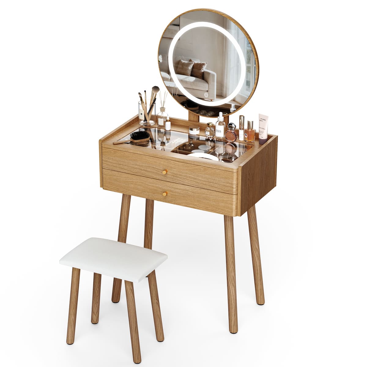 Small Glass-Top Makeup Vanity Desk with Round LED Mirror and Stool