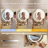 Small Glass-Top Makeup Vanity Desk with Round LED Mirror and Stool