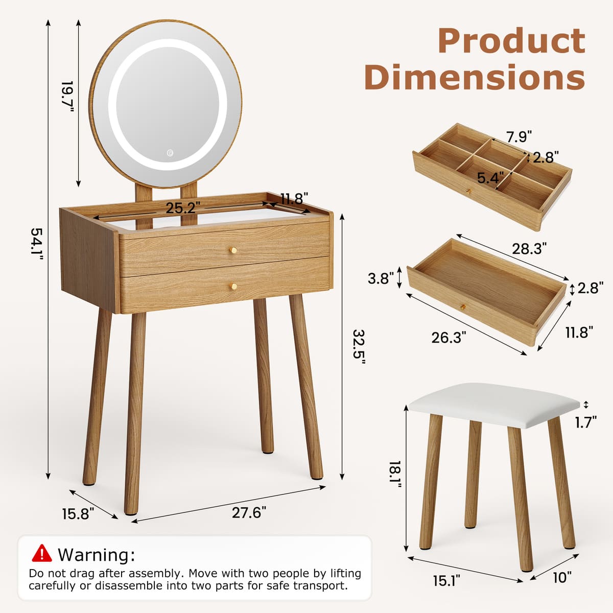 Small Glass-Top Makeup Vanity Desk with Round LED Mirror and Stool
