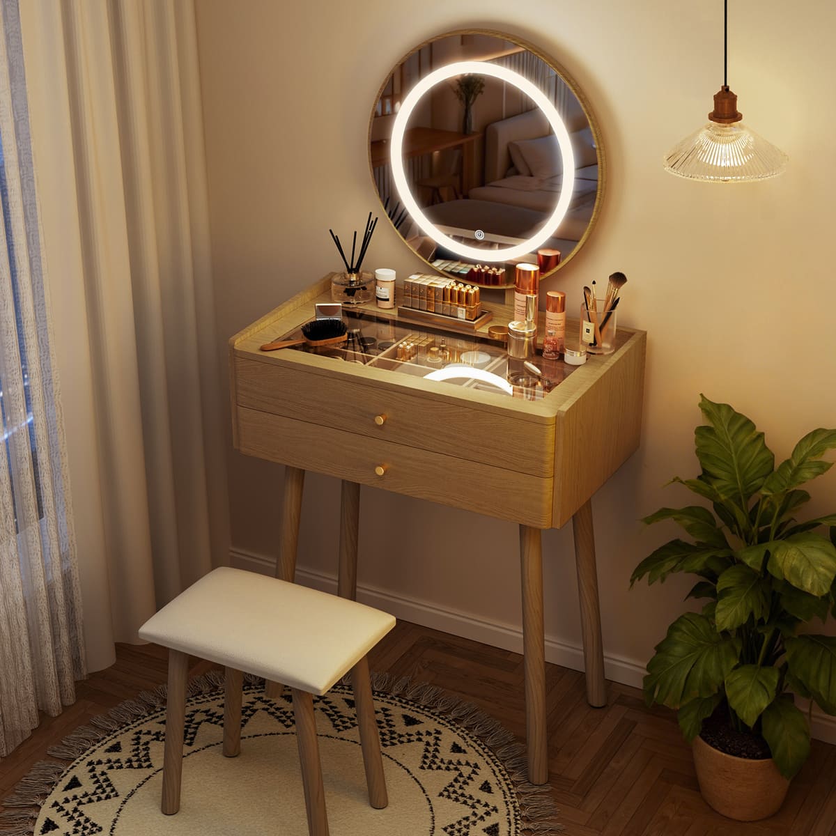 Small Glass-Top Makeup Vanity Desk with Round LED Mirror and Stool