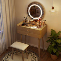 Small Glass-Top Makeup Vanity Desk with Round LED Mirror and Stool