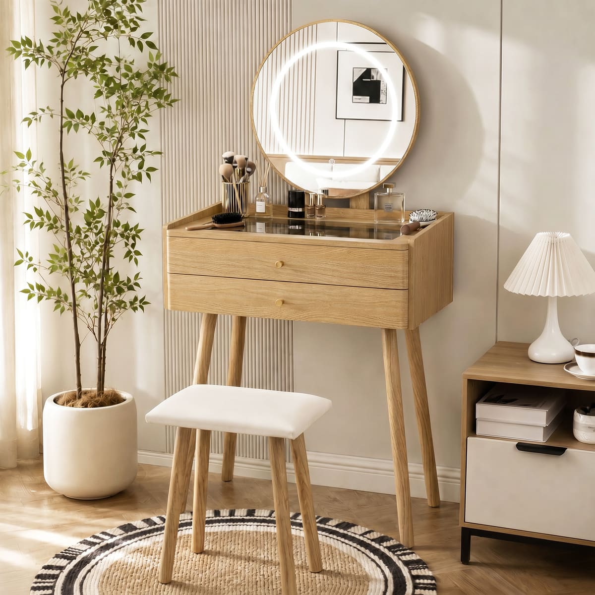 Small Glass-Top Makeup Vanity Desk with Round LED Mirror and Stool