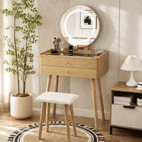 Small Glass-Top Makeup Vanity Desk with Round LED Mirror and Stool