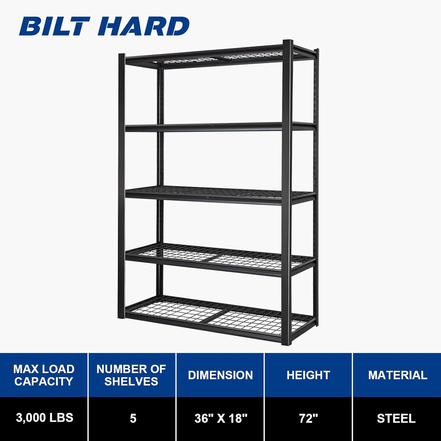 BILT HARD Garage Shelving 3000 LBS, 36" W x 18" D x 72" H Storage Shelves, Heavy Duty 5-Tier Metal Shelving Units with Adjustable Shelf, Steel Wire Utility Shelving