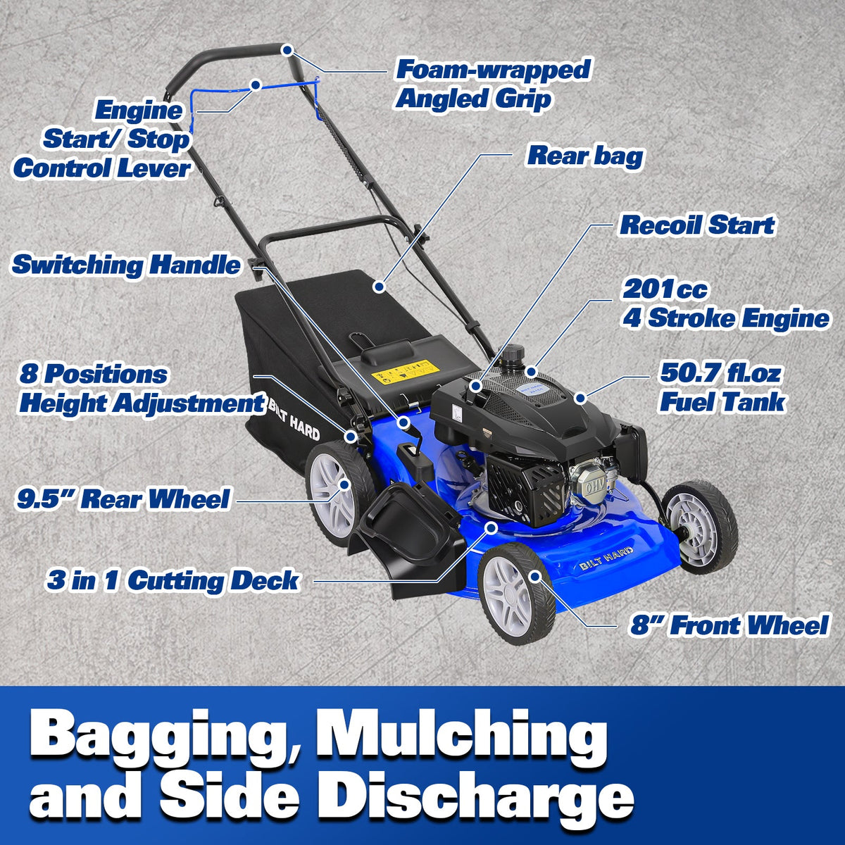BILT HARD 21" Gas Push Mower – 201cc 3-in-1 Lawn Mower with Bagging, Mulching & Side Discharge