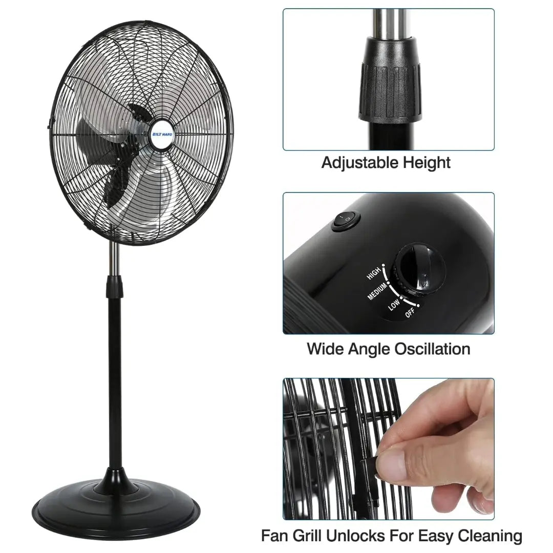 BILT HARD 20" High Velocity Oscillating Pedestal Fan: 5200 CFM, 3-Speed Industrial Stand Fan