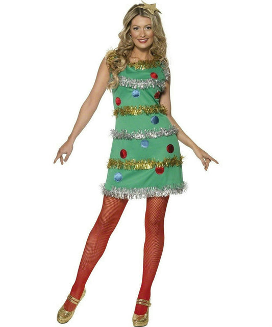 Women's Christmas Tree Adult Costume Dress and Headband Size Small 4-6