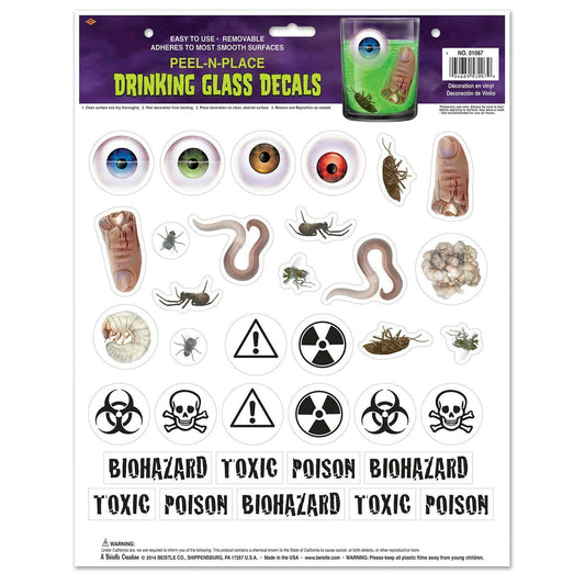 Beistle Drinking Glass Decal Peel 'N Place Bugs Eyeballs Toxic Biohazard