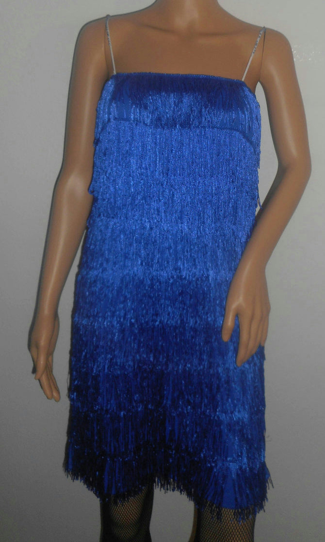 Women's Blue 1920's Deluxe Flapper 9 Tiered Fringe Costume Dress Beaded Straps