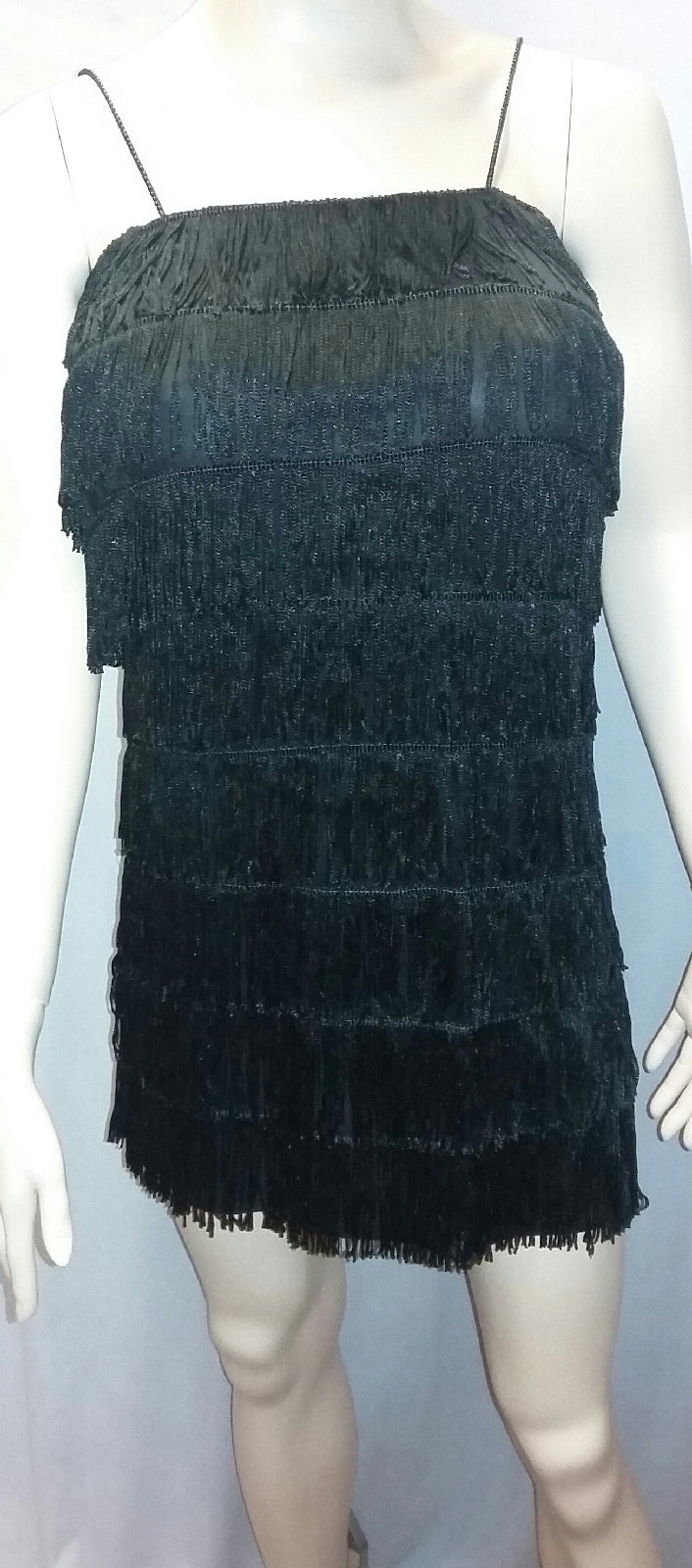 Women's Black 1920's Deluxe Flapper 8 Tiered Fringe Costume Dress Beaded Straps