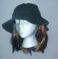 Washed Denim Cotton Bucket Hat With Attached Light Brown Hair