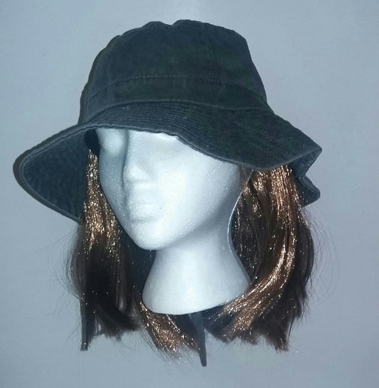 Washed Denim Cotton Bucket Hat With Attached Light Brown Hair