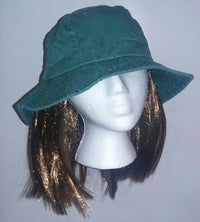 Washed Denim Cotton Bucket Hat With Attached Light Brown Hair