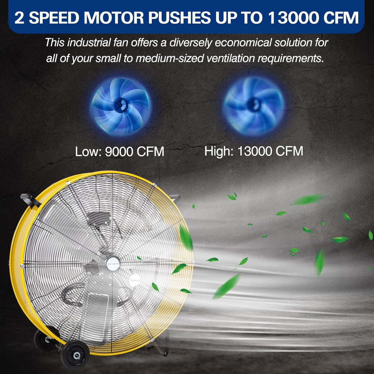 BILT HARD 30" 13000 CFM High Velocity Drum Fan: 2-Speed Heavy Duty Industrial Fan, UL Listed (Yellow)