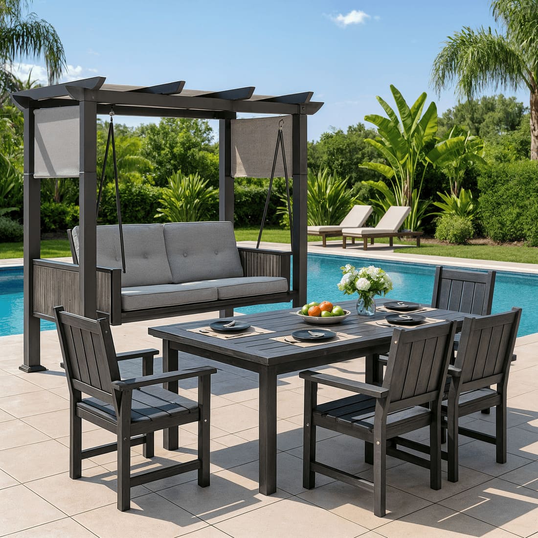 Pamapic 3-Seat Outdoor Metal Pergola Porch Swing Bed with Stand & Cushion, Gray