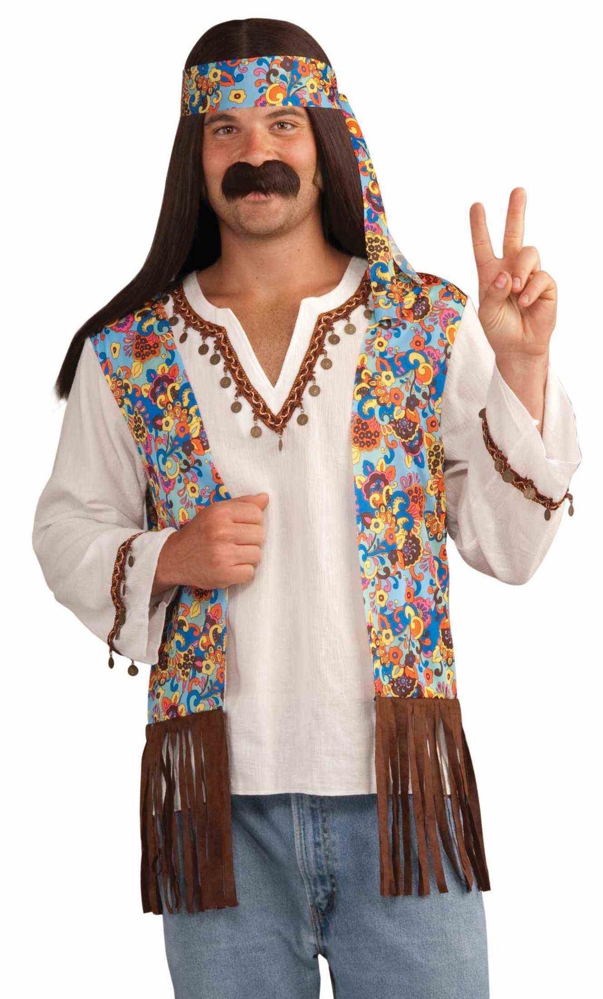 Male Hippie Costume Groovy Shirt with Attached Vest and Headband Costume Set