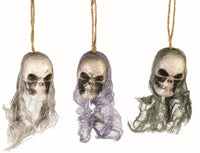 3 Bloody Hanging Skulls with Mesh Netting Hoods