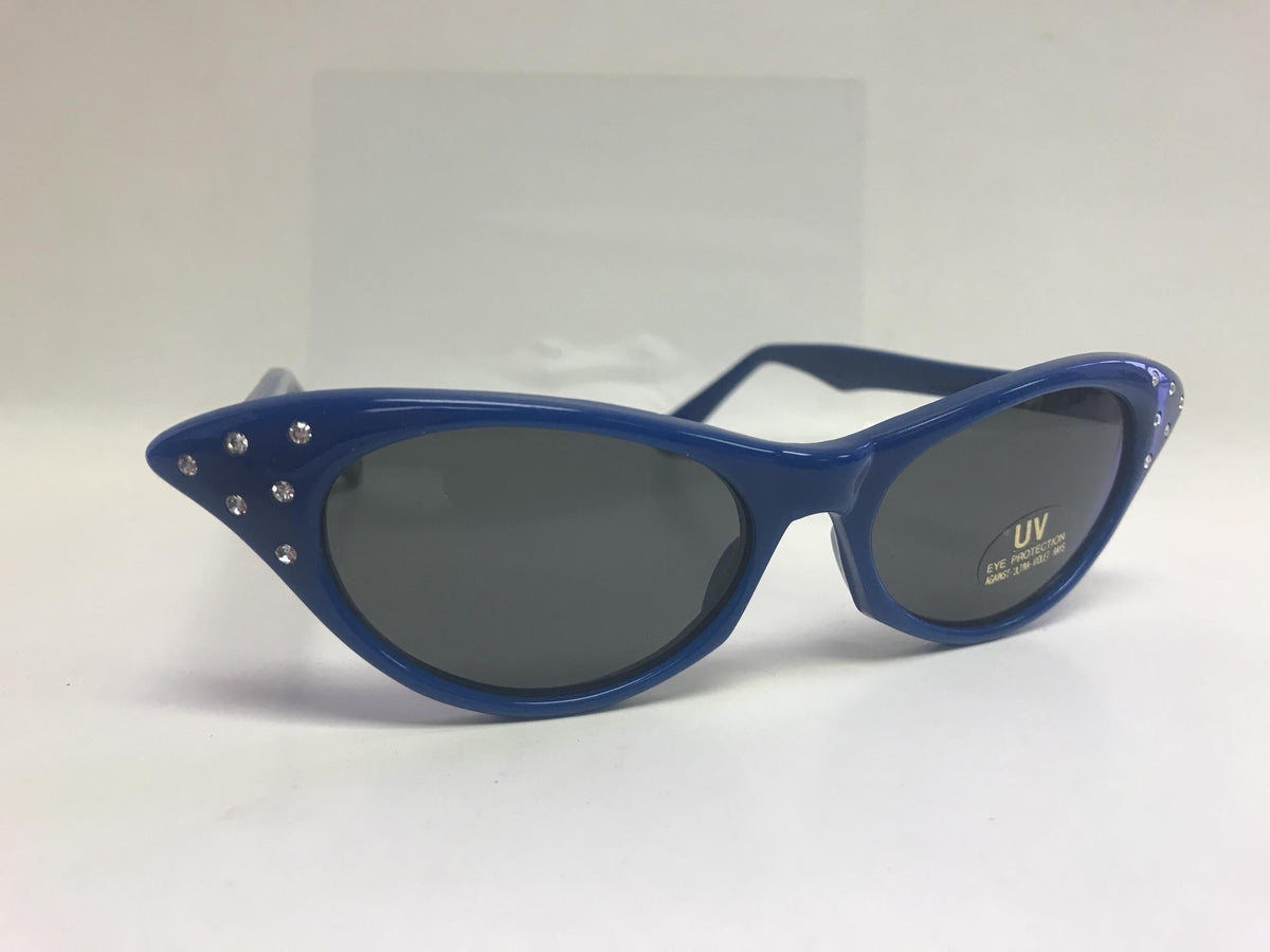 Blue 1950's Cateye Cat Eye Glasses with Rhinestones Dark Lens Sunglasses