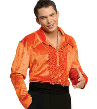 Orange Ruffled Velvet Disco Shirt 70's Small